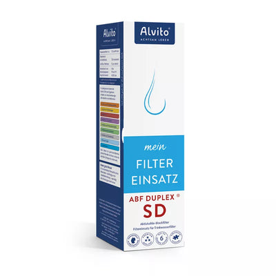 Die Verpackungsbox für den Alvito Filtereinsatz ABF Duplex SD mit orangefarbenen Endringen.