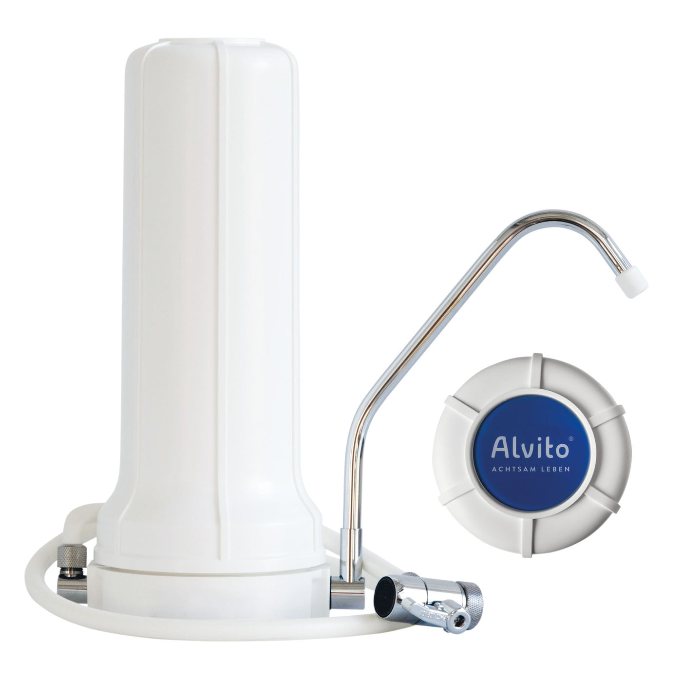 Alvito Auftischfilter Basic mit Chrom-Wasserhahn mit Alvito Button, vollständig montiert und installiert