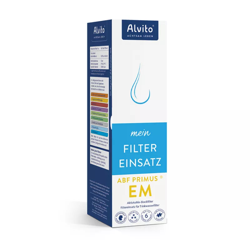 Die Verpackungsbox für den Alvito Filtereinsatz ABF Primus EM mit gelben Endringen.