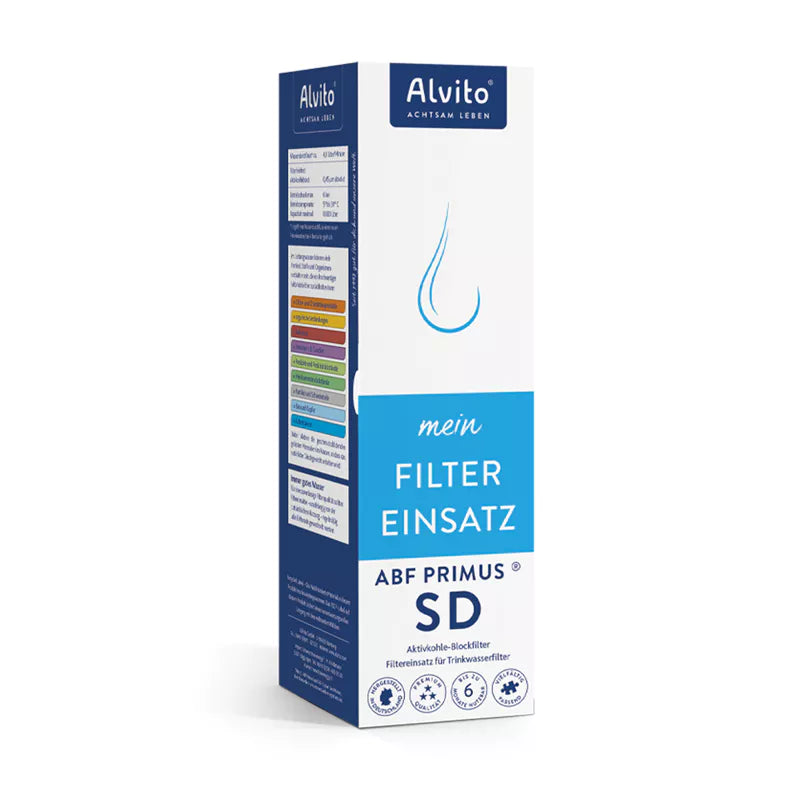 Die Verpackungsbox für den Alvito Filtereinsatz ABF Primus SD mit blauen Endringen.
