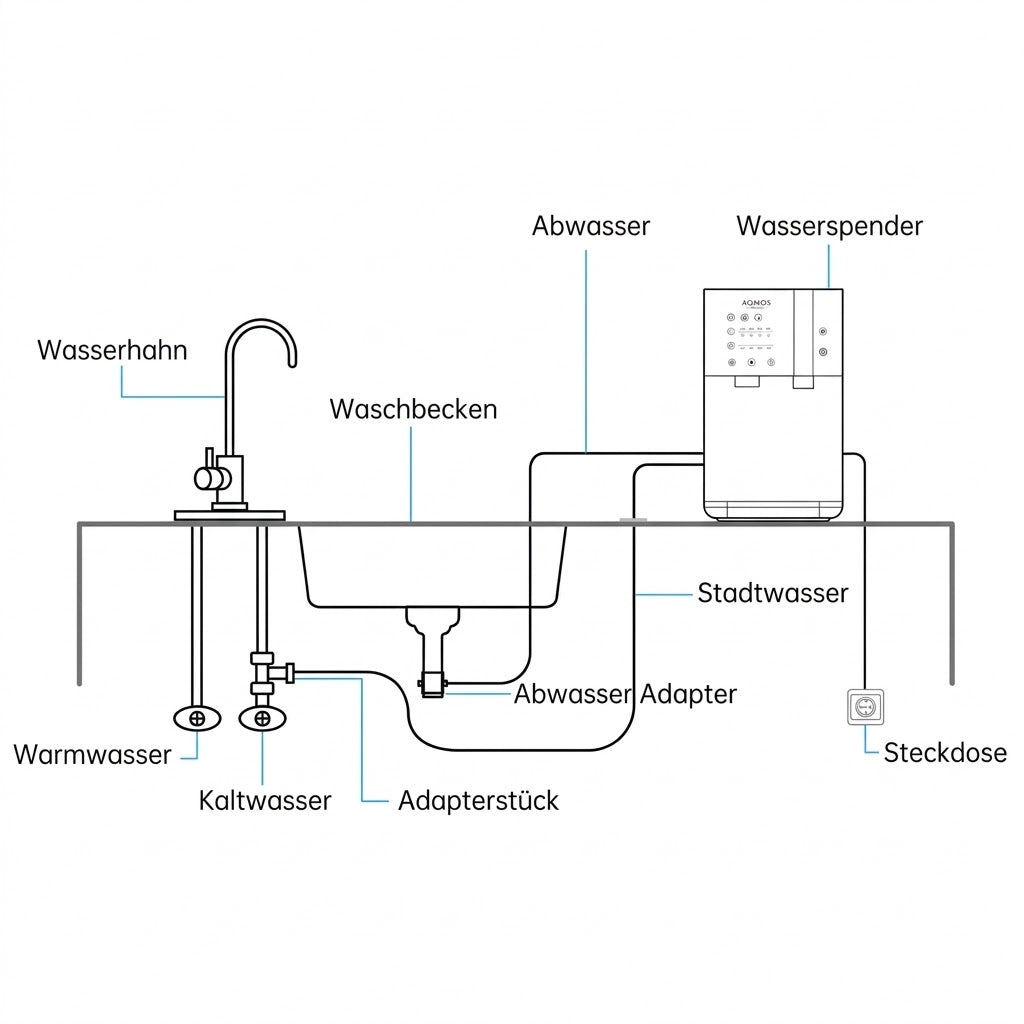 Aqmos DrinKing Installationsskizze: Anschluss an Wasser, Abwasser und Stromnetz.