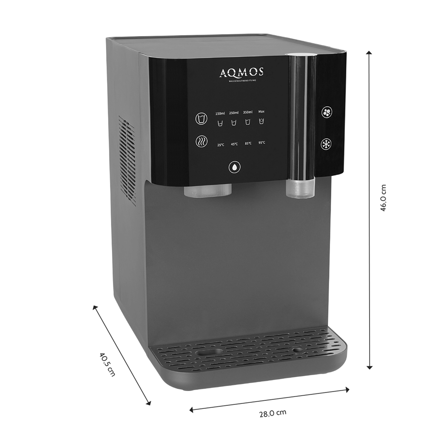 Abmessungen Aqmos DrinKing Auftischgerät: 46cm Höhe, 28cm Breite, 40,5cm Tiefe.