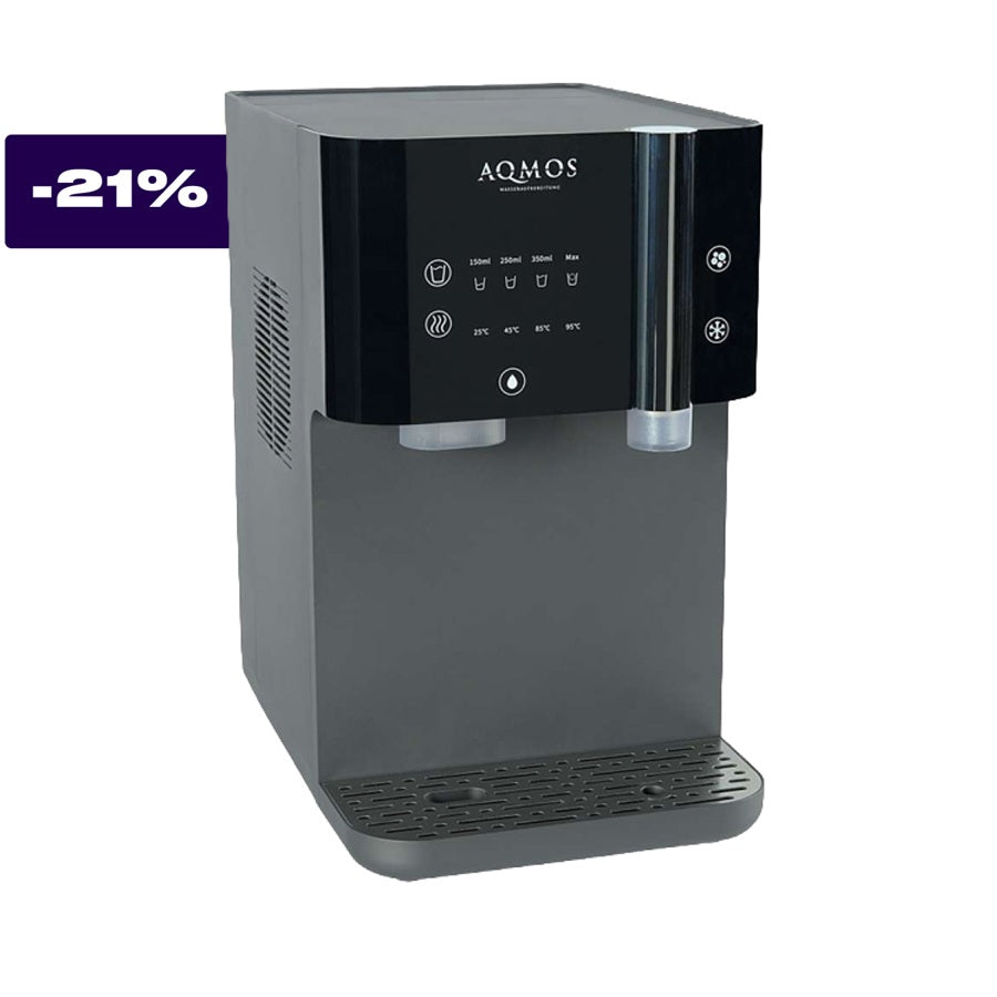 Schwarzer Aqmos DrinKing Wasserspender mit Touch-Display und Abtropfschale.
