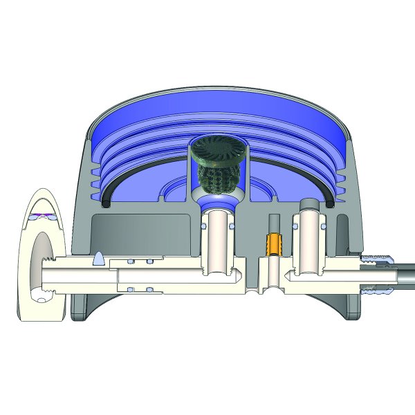 Querschnitt-Diagramm der Basis des Filters, wo das Wasser eintritt, bevor es gefiltert wird, um die inneren Komponenten zu sehen - Carbonit SANUNO Grande Auftischfilter.