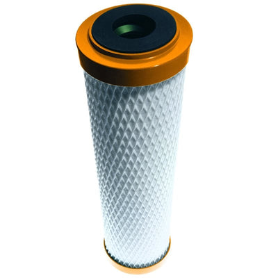 Bild einer Carbonit IFP Puro Filterpatrone mit vertikalen orangefarbenen Ringen oben und unten am Filter.