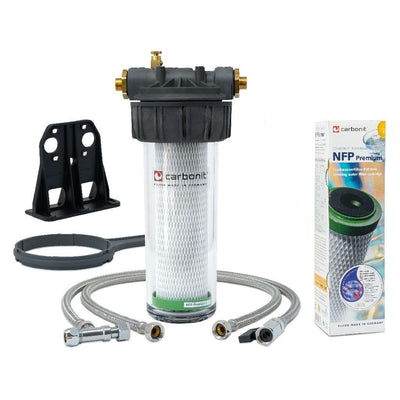 Carbonit Wasserfilter VARIO-HP ohne Filter, mit NFP Premium-9 Filter, Metallschläuchen und Montagezubehör