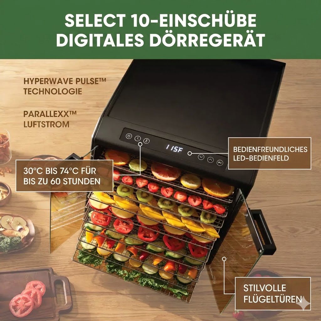 Infografik zum Excalibur Dörrgerät mit 10 Einschüben, LED-Bedienfeld und stilvollen Flügeltüren.