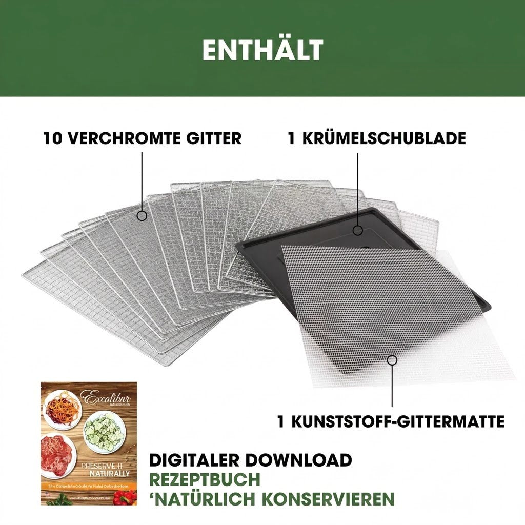 Lieferumfang des Dörrautomaten: 10 verchromte Gitter, eine Krümelschublade und eine Gittermatte.