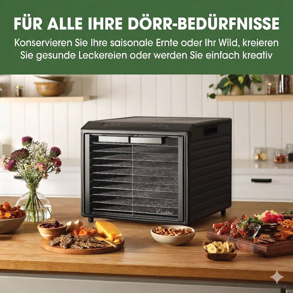 Geschlossenes Excalibur Dörrgerät auf einer Holzküche mit dekorativen Snack-Tellern daneben.