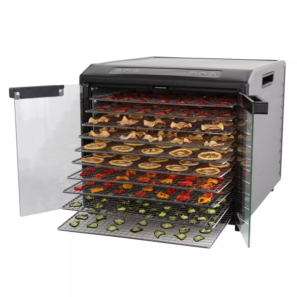 Geöffneter Excalibur 10 Tray Select Dörrautomat DH10SC mit 10 Einschüben voll mit getrocknetem Obst.