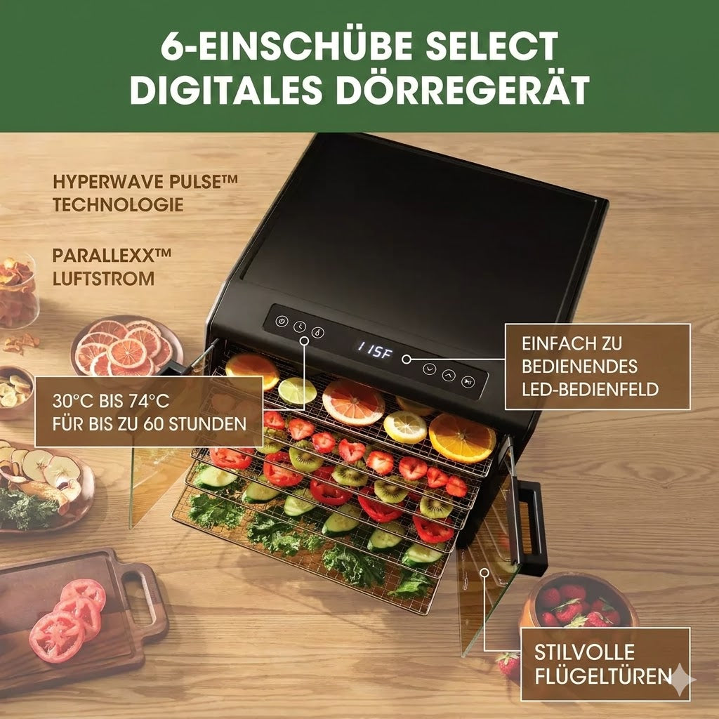Excalibur Dörrgerät-Infografik mit Erklärungen zu Flügeltüren, LED-Display und Einschüben.