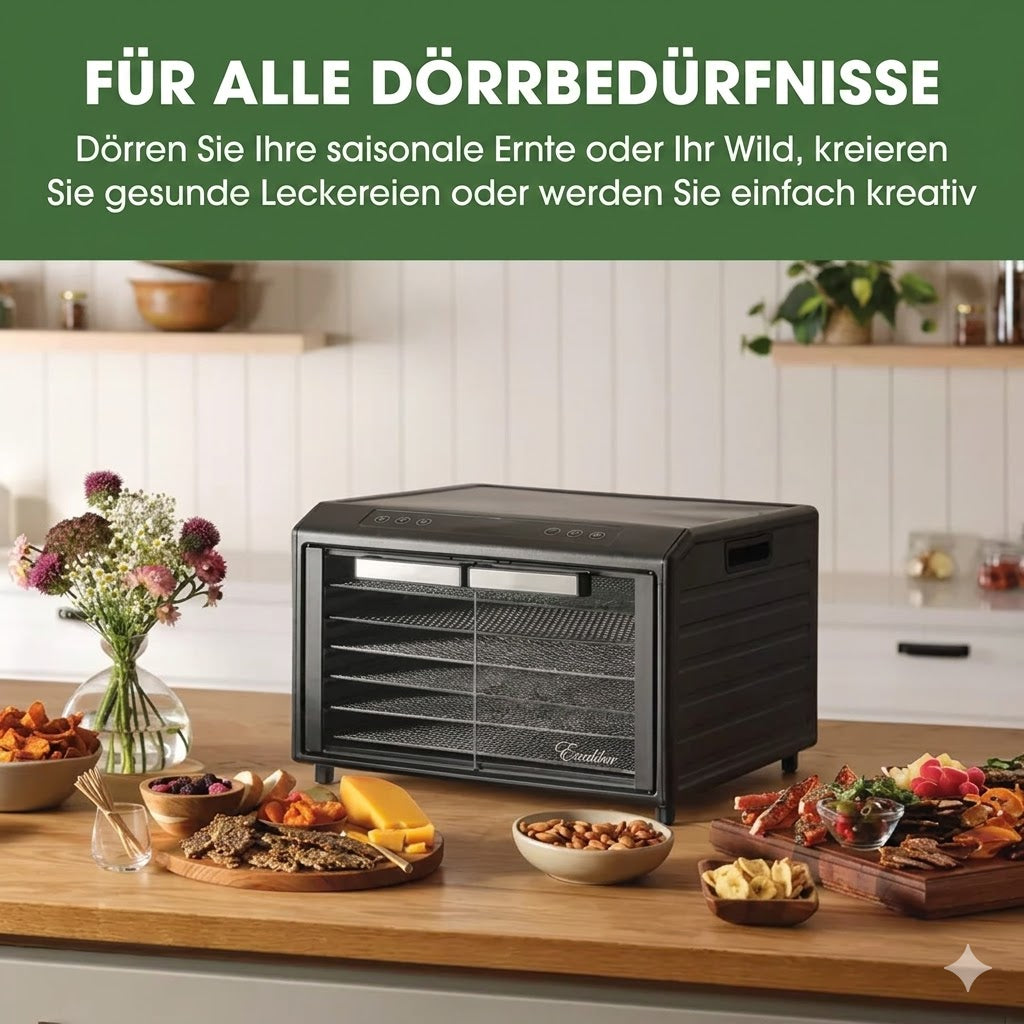 Excalibur Dörrgerät auf einer Küchentheke, umgeben von Schalen mit Snacks, Nüssen und Crackern.