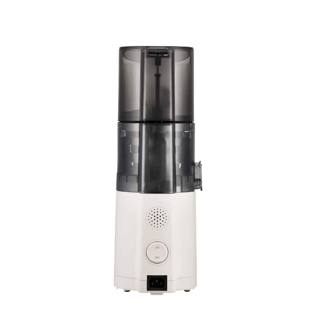 Rückseite des Hurom E30-ST Slow Juicers mit ON/REV-Tasten und Netzkabelanschluss.