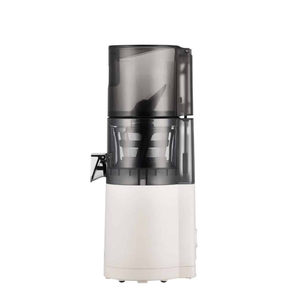 Hurom E30-ST Slow Juicer Seitenansicht. Kompaktes Design in Weiß/Dunkelgrau.
