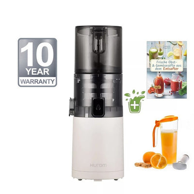 Hurom E30-ST Entsafter mit „10 Years Warranty“-Siegel und Werbegeschenk.