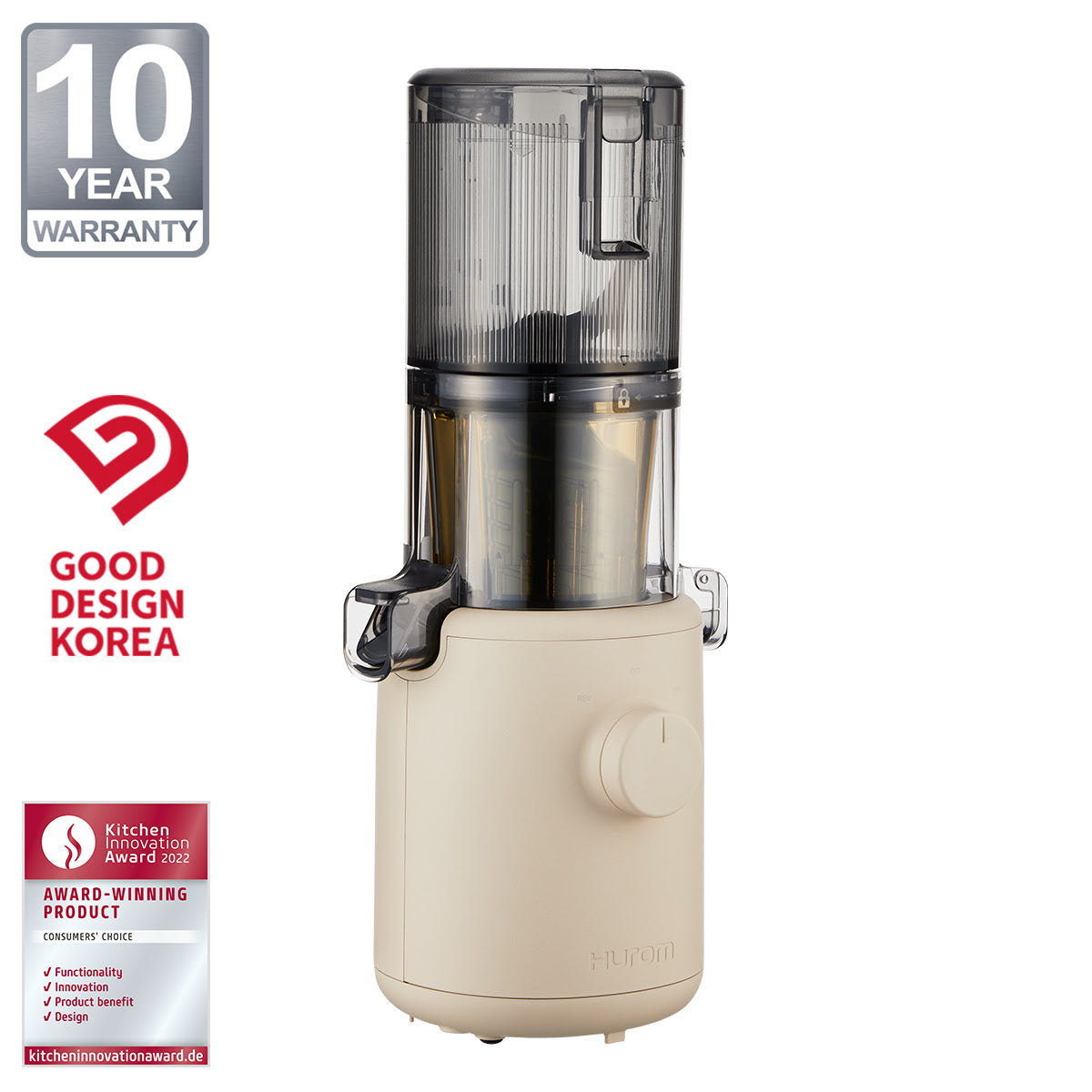 Hurom H310A Slow Juicer Seitenansicht in Beige mit drei Auszeichnungen auf weißem Hintergrund.