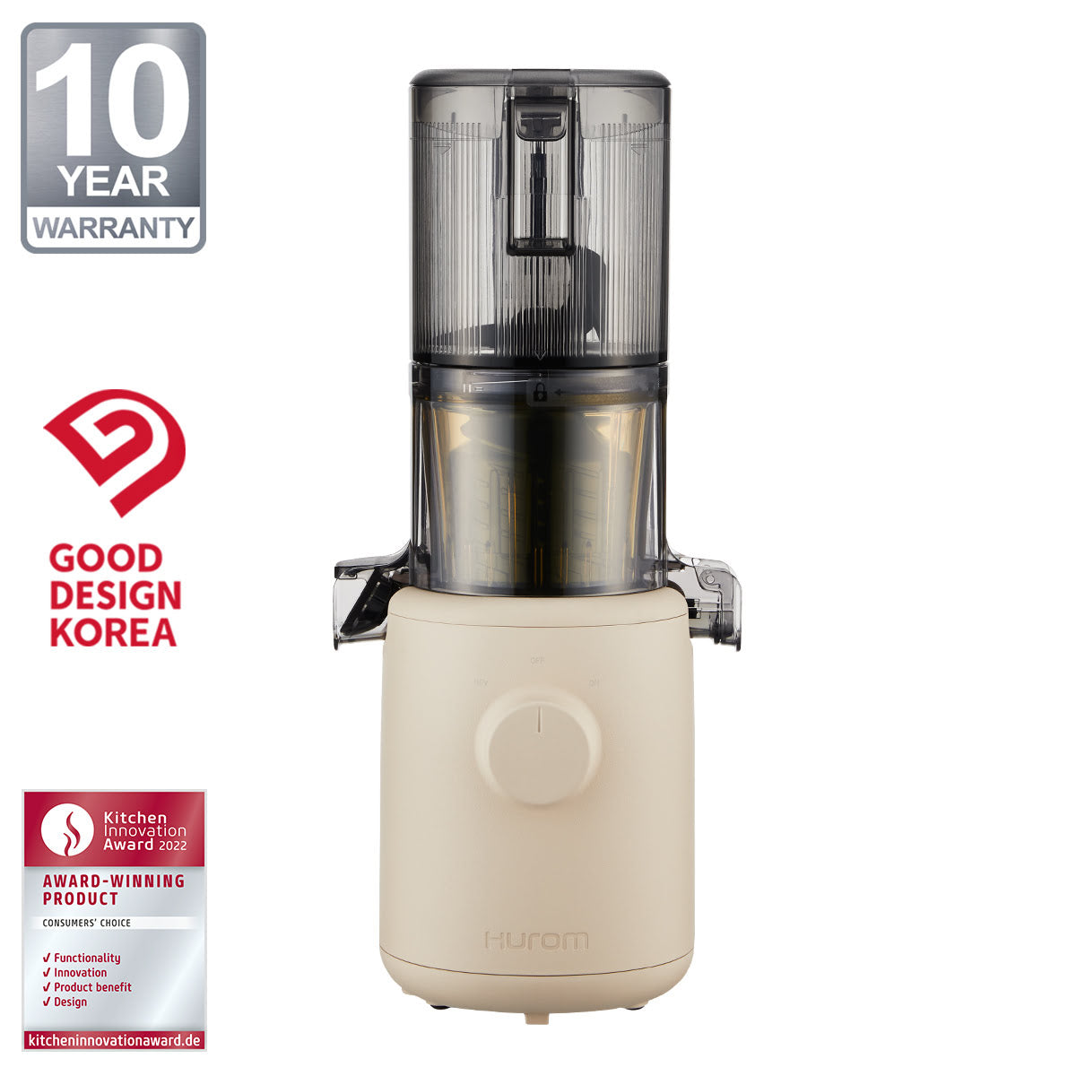 Hurom H310A Slow Juicer Frontansicht in Beige mit drei Auszeichnungen auf weißem Hintergrund.