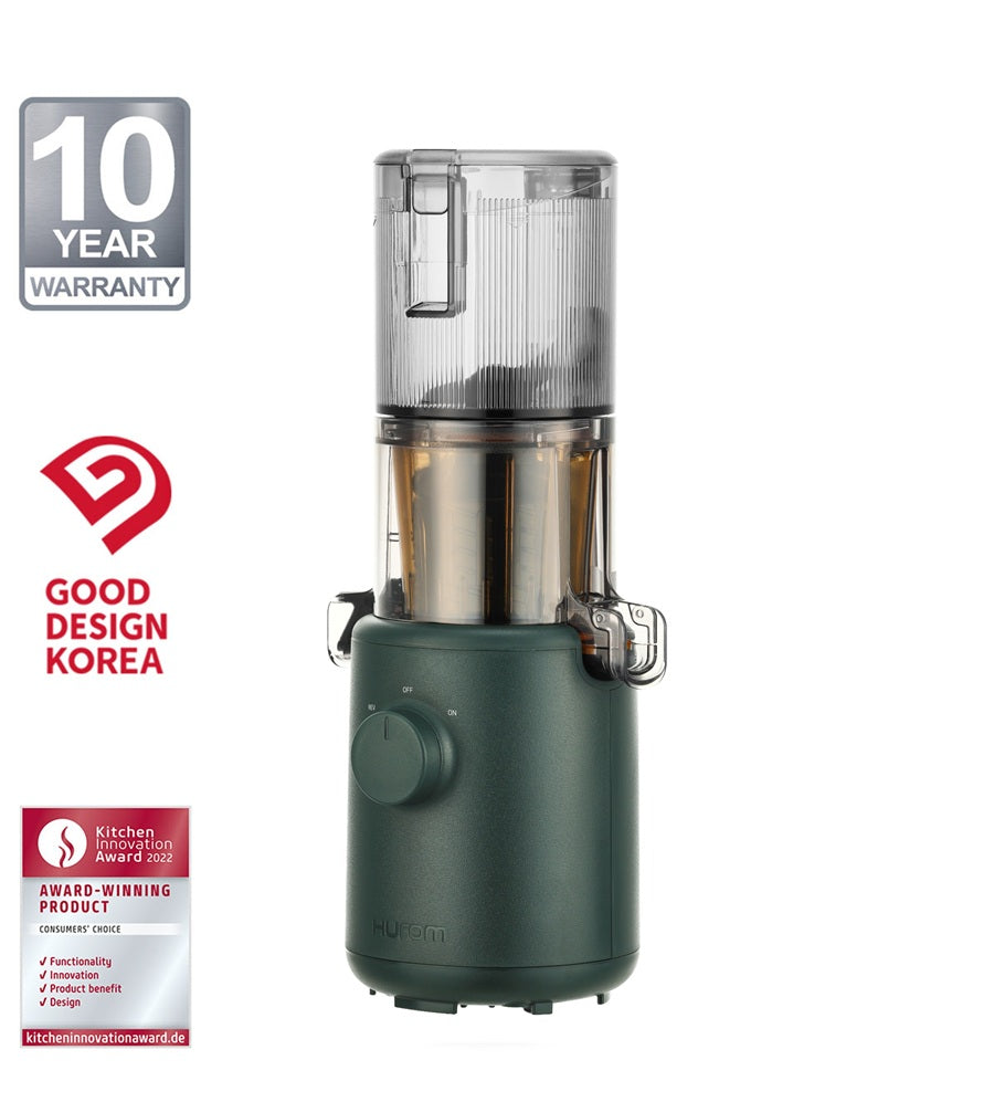 Hurom H310A Slow Juicer in Deep Green mit kompaktem Design und 10 Jahren Garantie.