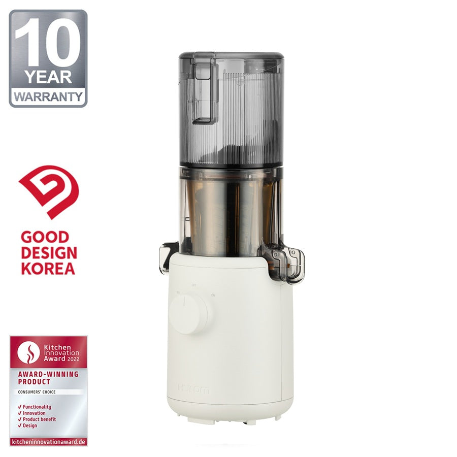 Hurom H310A Entsafter in Mushroom Weiß, kompakte Form, ausgezeichnet mit dem Kitchen Innovation Award.