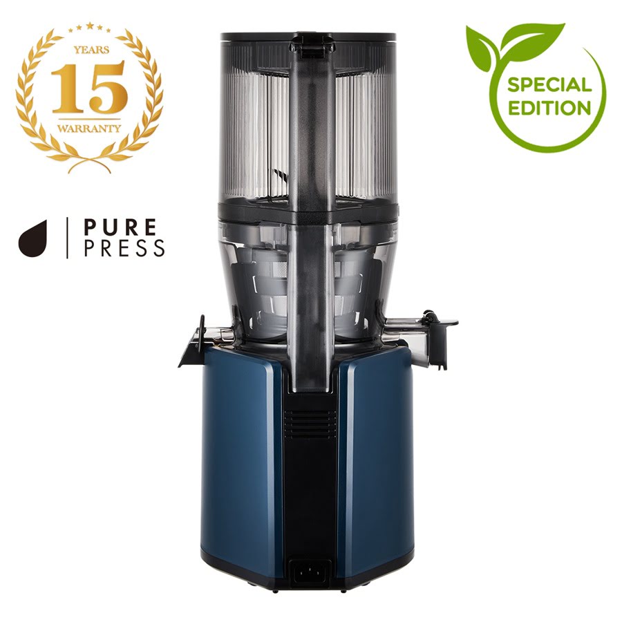 Rückansicht des Hurom H330P Deep Blue Entsafters mit Logos für Special Edition und 15-Jahre-Garantie.