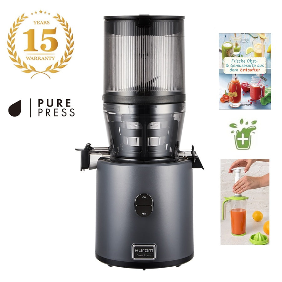 Hurom H330P Charcoal von vorne mit Pure Press Logo, Rezeptbuch und Vakuum-Saftkanne als Zubehör.