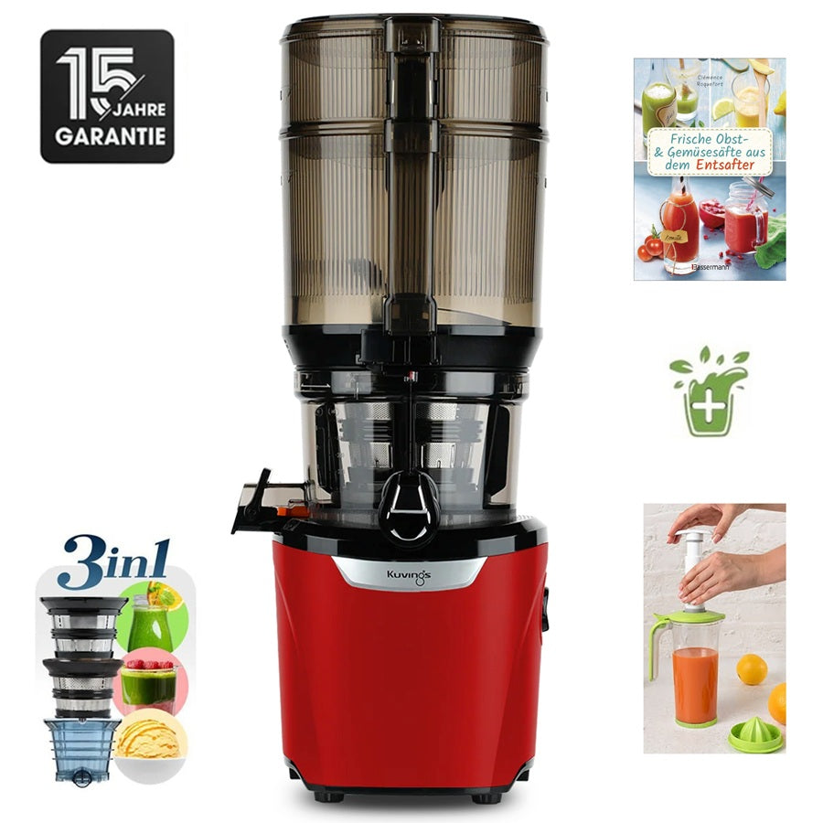 Kuvings AUTO10S Plus Slow Juicer in Rot mit 15 Jahren Garantie, 3-in-1-Sieben und Rezeptbuch.