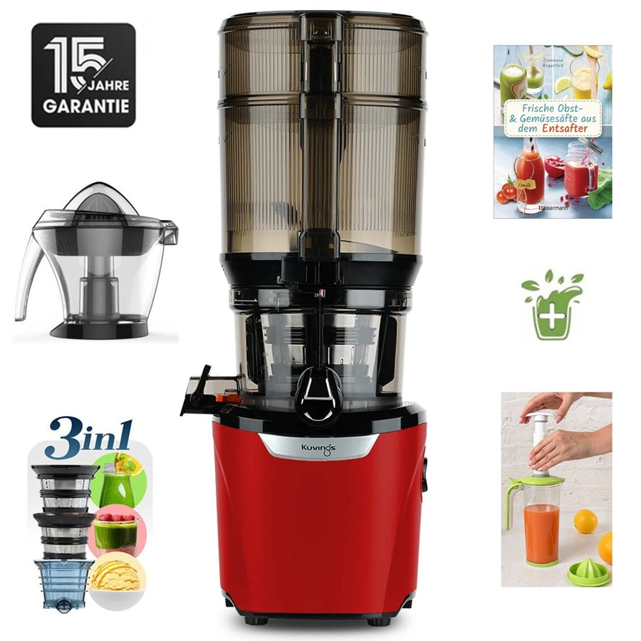 Kuvings AUTO10S Plus in Rot mit Zitruspresse, 3-in-1-Sieb, Rezeptbuch und 15 Jahren Garantie.