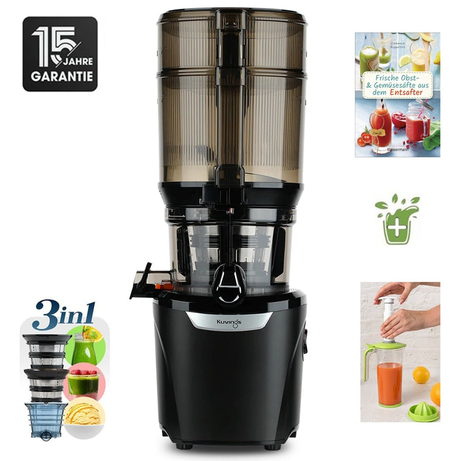 Kuvings AUTO10S Plus Slow Juicer in Schwarz mit 15 Jahren Garantie, 3-in-1-Sieben und Rezeptbuch.