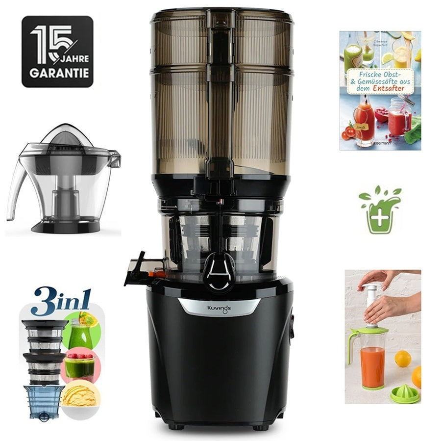 Kuvings AUTO10S Plus in Schwarz mit Zitruspresse, 3-in-1-Sieb, Rezeptbuch und 15 Jahren Garantie.