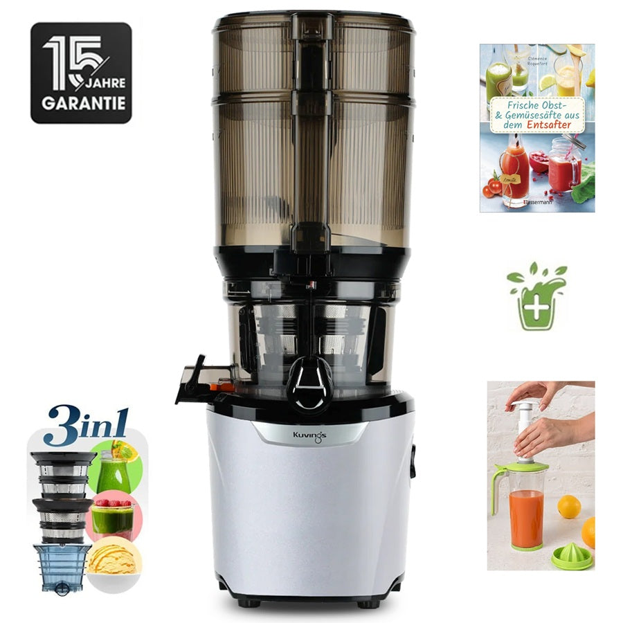 Kuvings AUTO10S Plus Slow Juicer in Silber mit 15 Jahren Garantie, 3-in-1-Sieben und Rezeptbuch.