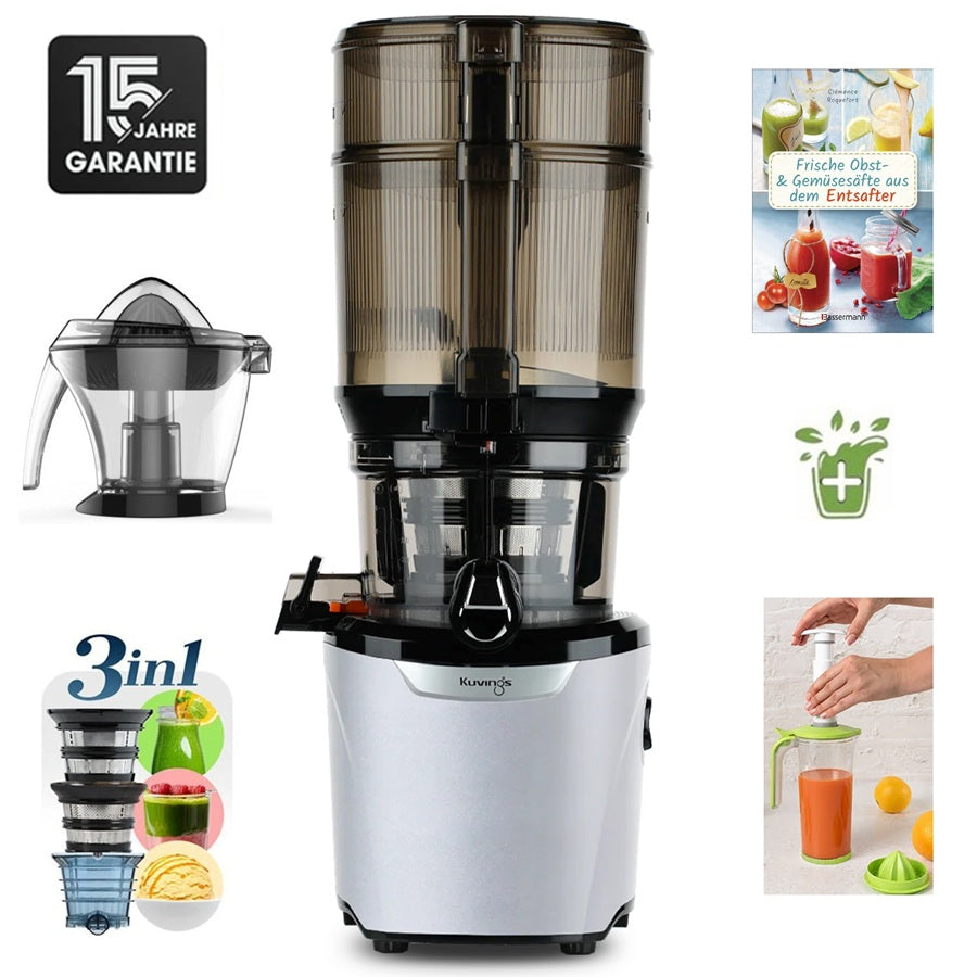 Kuvings AUTO10S Plus in Silber mit Zitruspresse, 3-in-1-Sieb, Rezeptbuch und 15 Jahren Garantie.