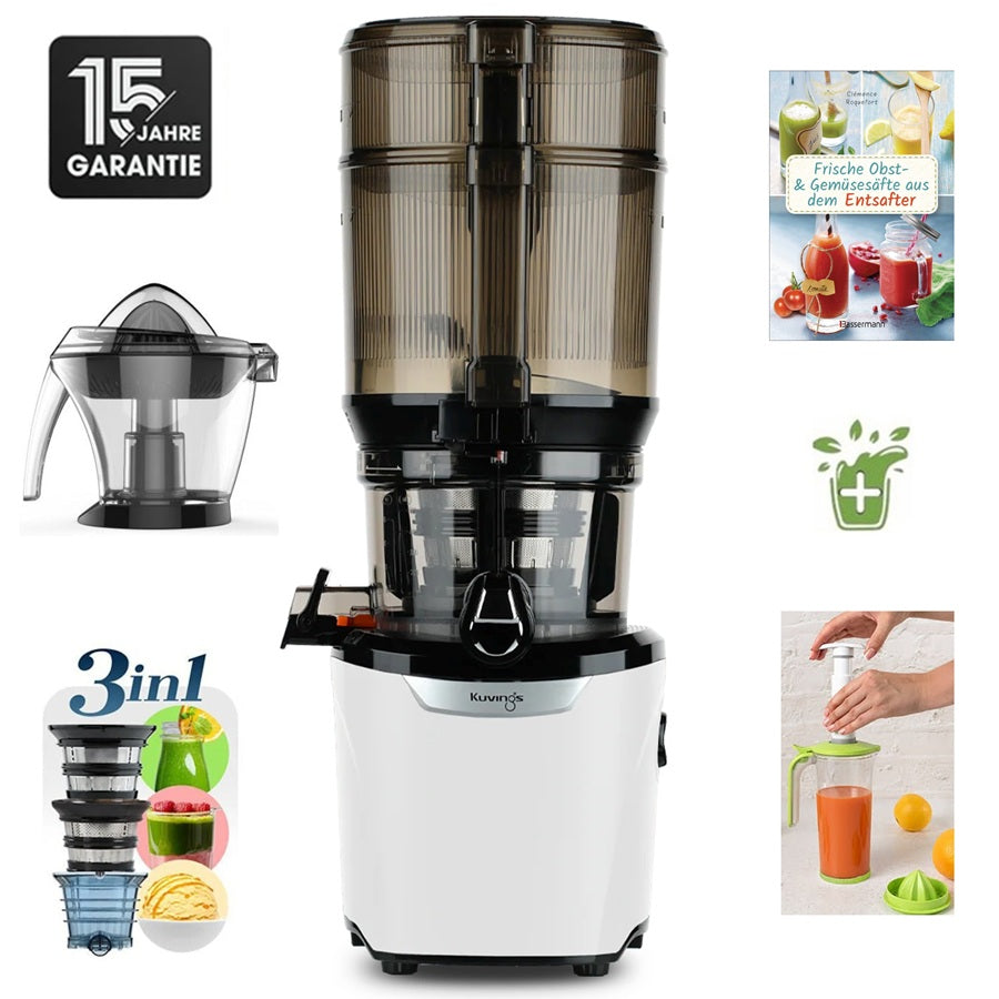 Kuvings AUTO10S Plus in Weiß mit Zitruspresse, 3-in-1-Sieb, Rezeptbuch und 15 Jahren Garantie.