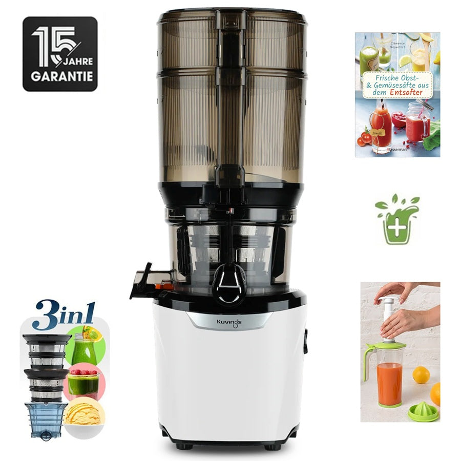 Kuvings AUTO10S Plus Slow Juicer in Weiß mit 15 Jahren Garantie, 3-in-1-Sieben und Rezeptbuch.