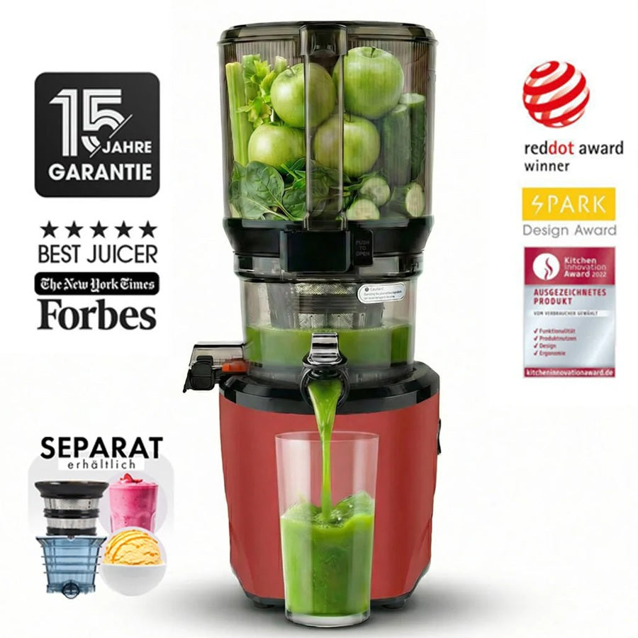 Kuvings AUTO10S Entsafter in Rot mit 15 Jahren Garantie – Best Juicer Auszeichnung.