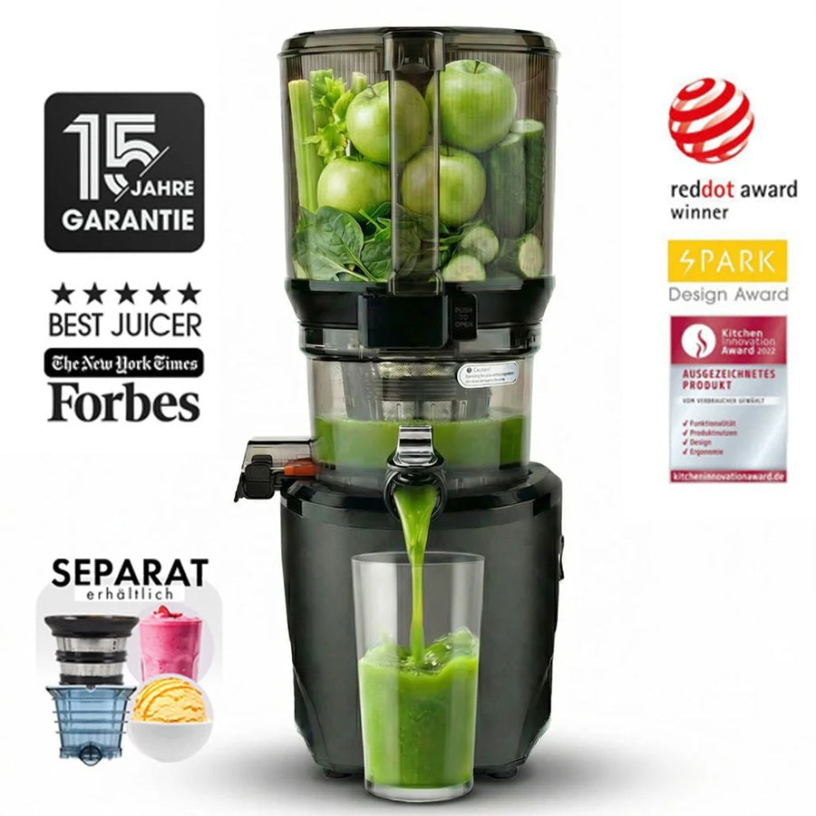 Kuvings AUTO10S Slow Juicer in Schwarz – Testsieger mit großem Einfüllschacht.