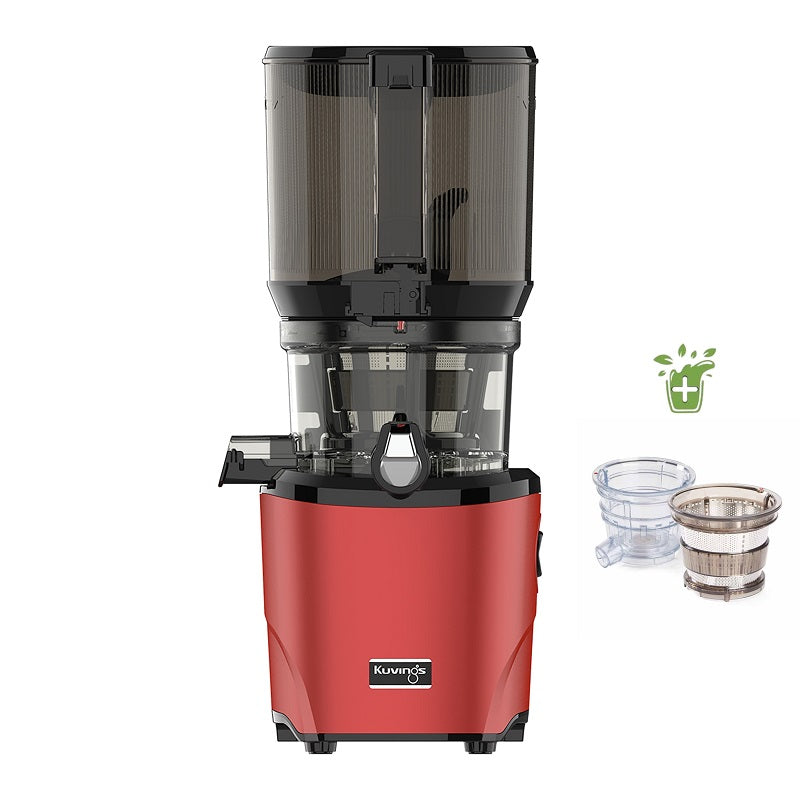 Foto des Kuvings AUTO10 Slow Juicer in Rot, nach vorne gerichtet mit dem optionalen Eiscreme/Smoothie-Set.