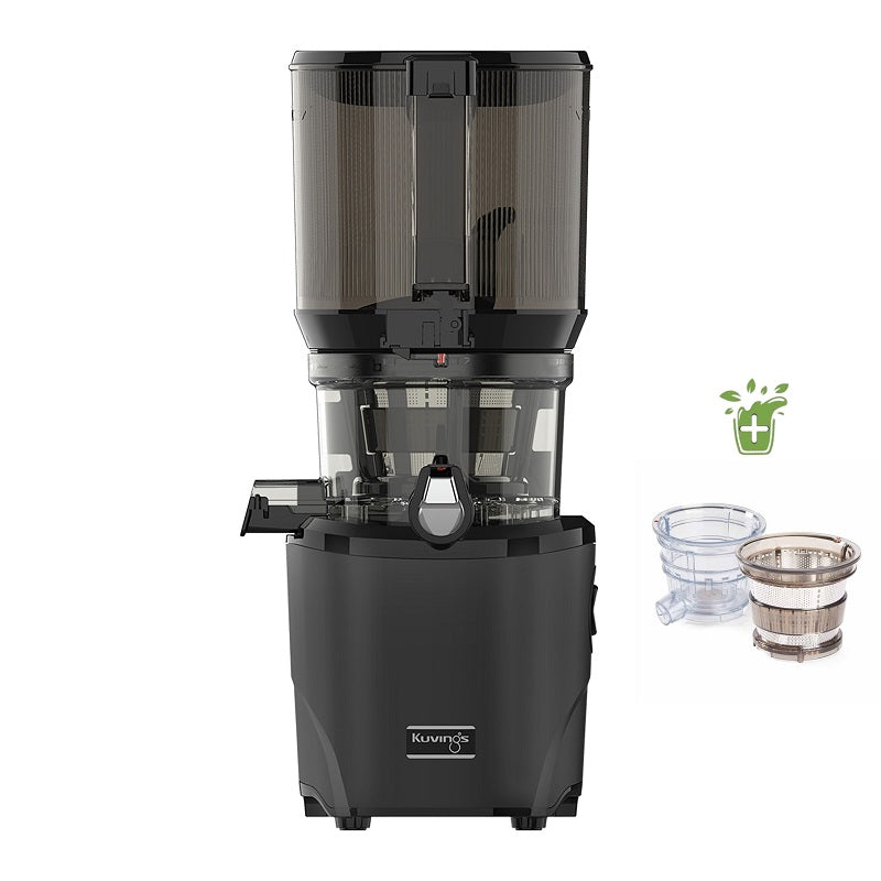 Foto des Kuvings AUTO10 Slow Juicer in Schwarz, nach vorne gerichtet mit dem optionalen Eiscreme/Smoothie-Set.