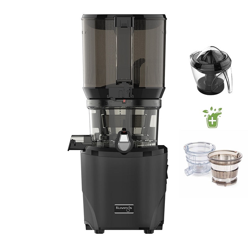 Foto des Kuvings AUTO10 Slow Juicer in Schwarz, nach vorne gerichtet mit der optionalen Zitruspresse und dem Eis/Smoothie-Set.