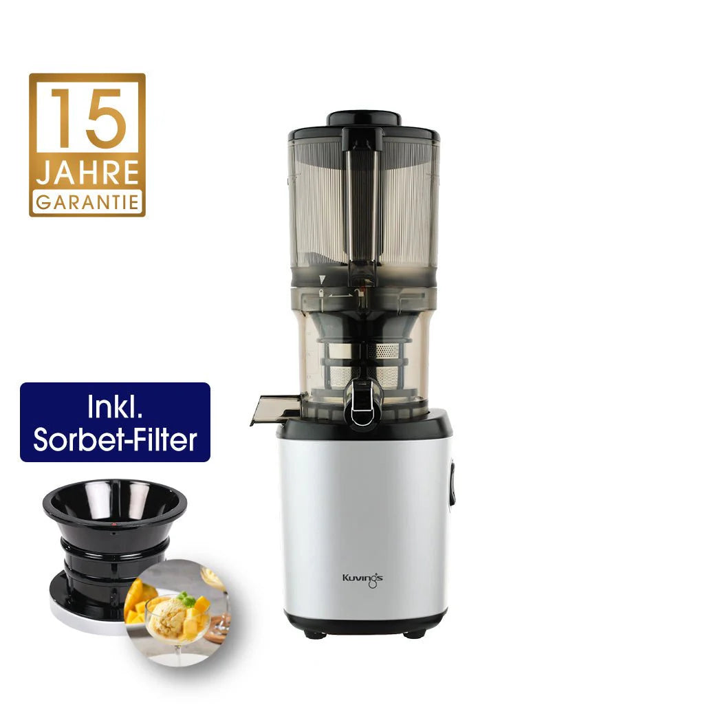 Kuvings AUTO6 Entsafter in Silber mit 15 Jahre Garantie und Sorbet-Filter.