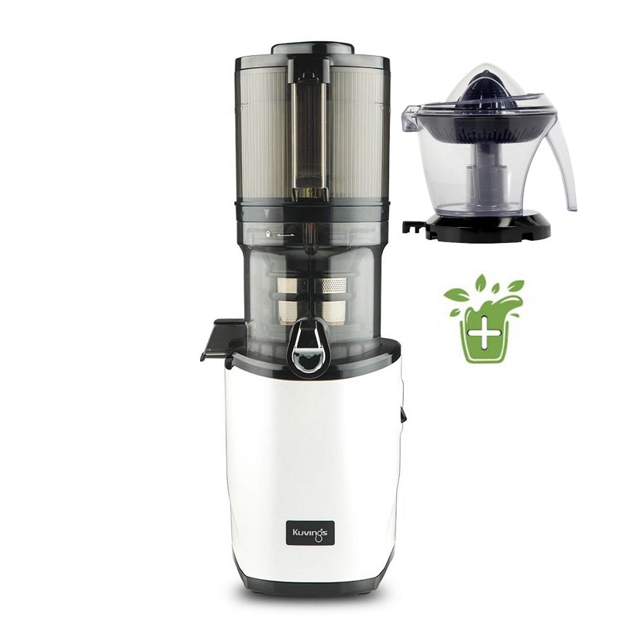 Kuvings AUTO8 Slow Juicer in Weiß mit Zitruspresse.