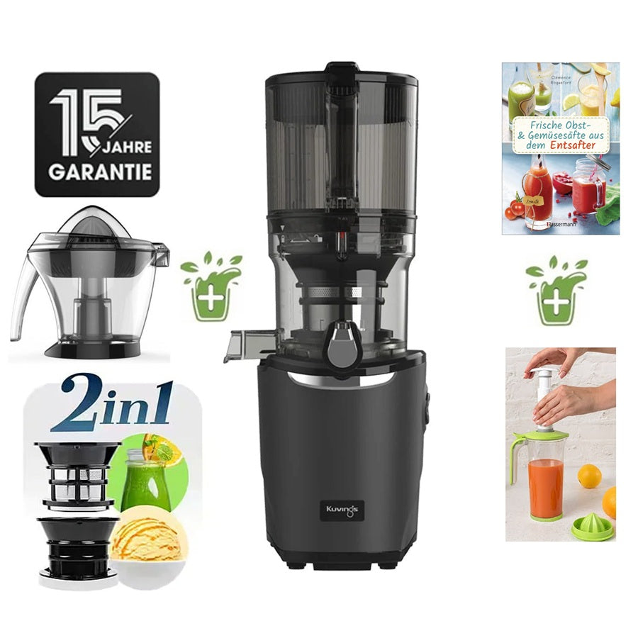 Kuvings AUTO9 Slow Juicer in Schwarz mit Zitruspressen-Aufsatz, Rezeptbuch und Saftpresse-Zubehör.