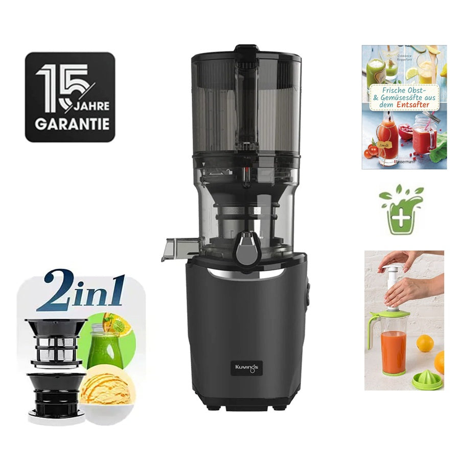 Kuvings AUTO9 Slow Juicer in Schwarz mit Zitruspresse, Rezeptbuch, Eis-Einsatz und Hinweis auf 15 Jahre Garantie.
