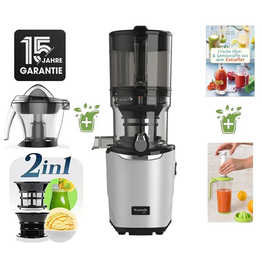 Kuvings AUTO9 Slow Juicer in Silber mit Zitruspressen-Aufsatz, Rezeptbuch und Saftpresse-Zubehör.