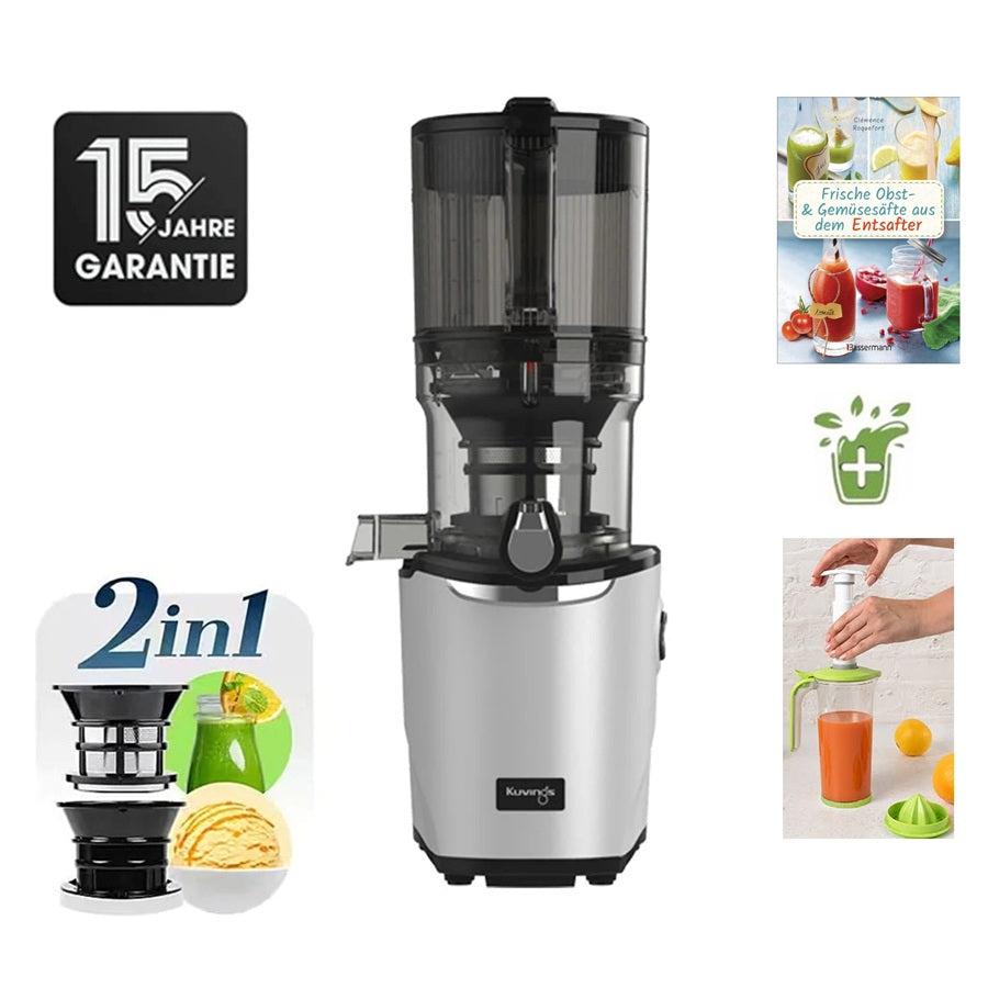 Kuvings AUTO9 Slow Juicer in Silber mit Zitruspresse, Rezeptbuch, Eis-Einsatz und Hinweis auf 15 Jahre Garantie.