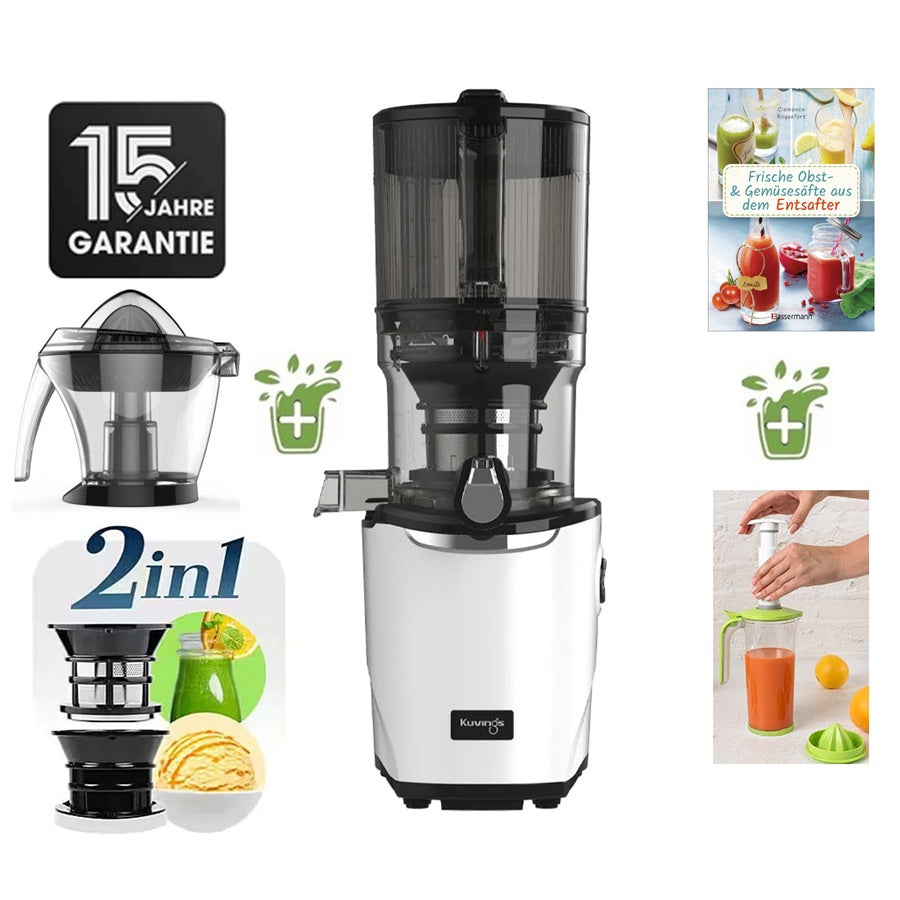Kuvings AUTO9 Slow Juicer in Weiß mit Zitruspressen-Aufsatz, Rezeptbuch und Saftpresse-Zubehör.