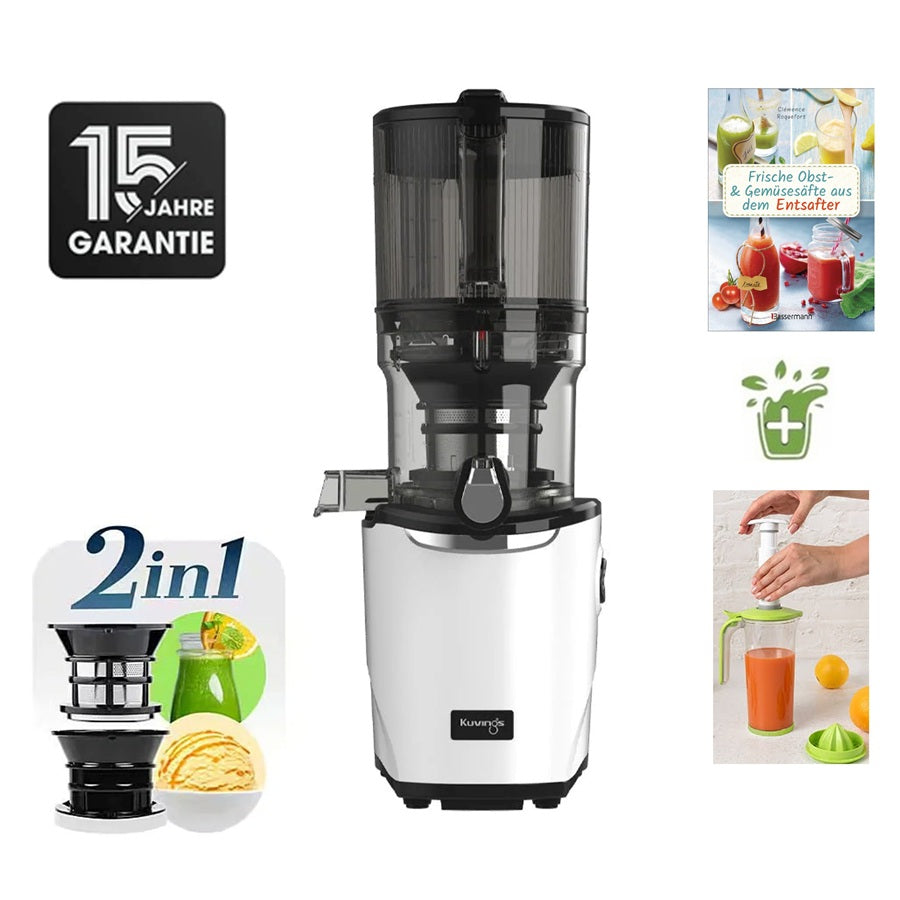 Kuvings AUTO9 Slow Juicer in Weiß mit Zitruspresse, Rezeptbuch, Eis-Einsatz und Hinweis auf 15 Jahre Garantie.