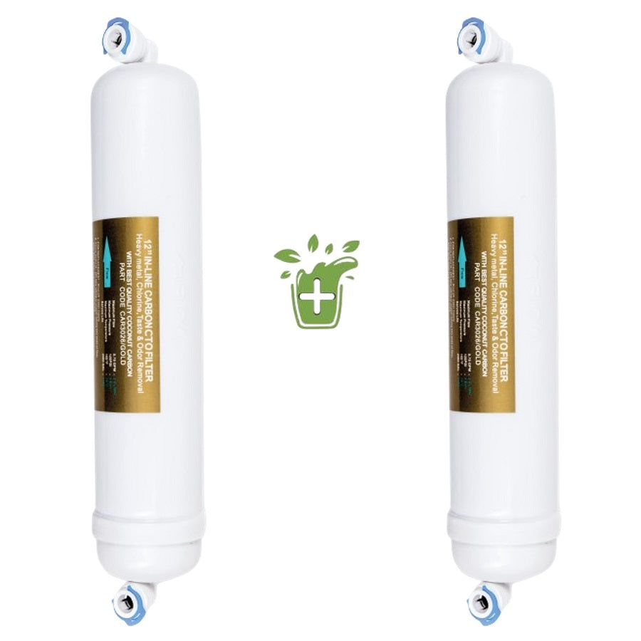 2 Stk. Weißer, zylindrischer Wasserfilter PI® Compact 450 Vorfilter mit zwei blauen Anschlüssen und goldener Beschriftung.