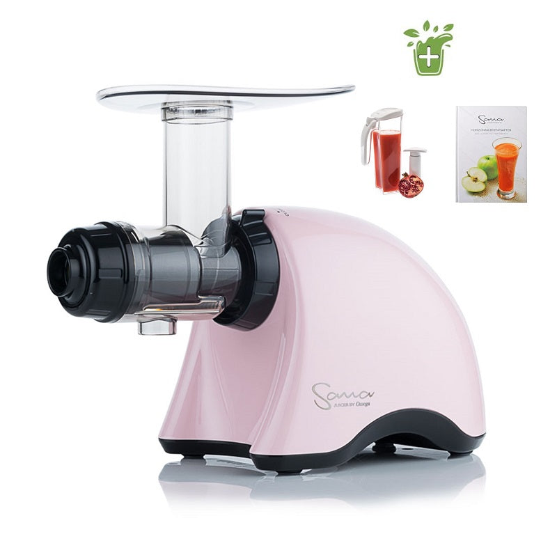 Sana 707 Slow-Juicer in Pink, montiert und nach links zeigend auf weißem Tisch, mit weißem Hintergrund und Werbegeschenken.