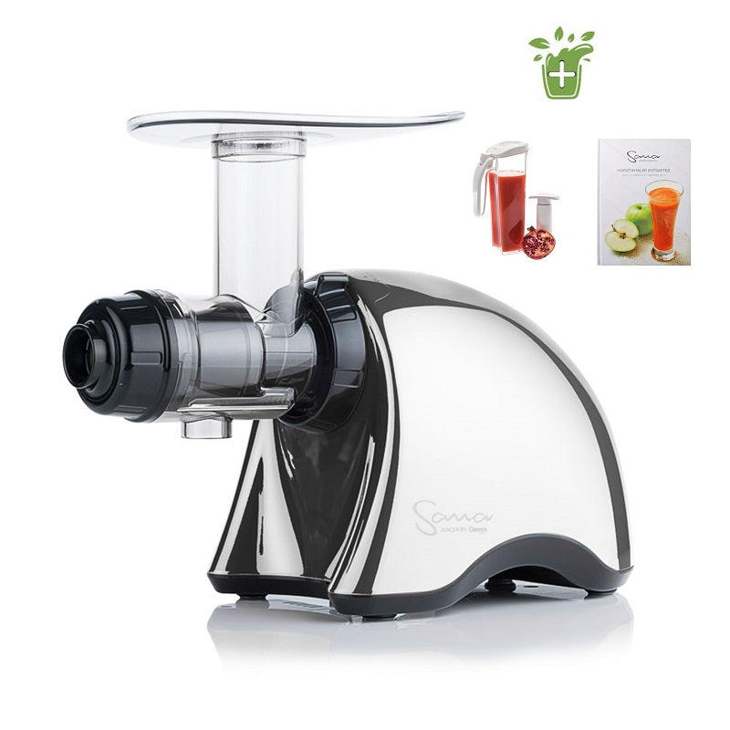 Sana 707 Slow-Juicer in Chrom, montiert und nach links zeigend auf weißem Tisch, mit weißem Hintergrund und Werbegeschenken.