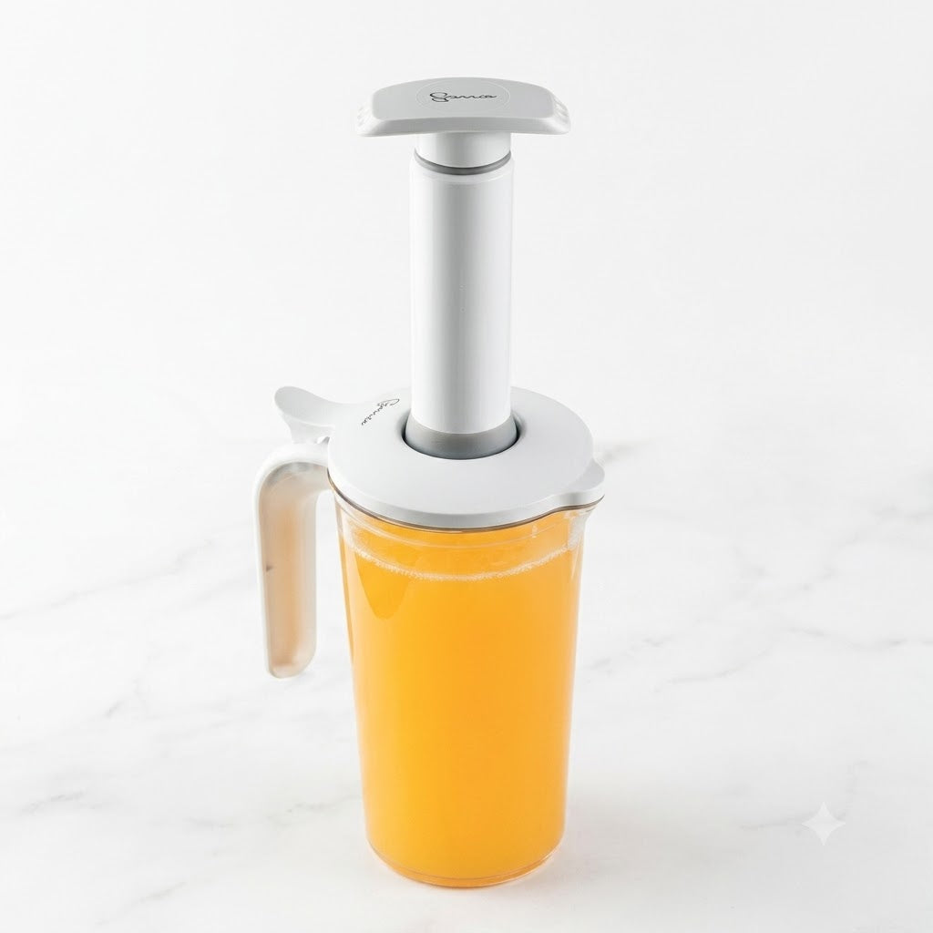 Vakuum-Saftkanne mit orangefarbenem Saft und aufgesetzter Vakuum-Handpumpe auf hellem Grund.